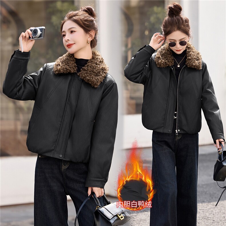 梦依缘2025年冬时尚精品皮质羽绒服,女装羽绒服,梦依缘