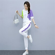 2021夏季新款简约时尚休闲气质圆领拼色舒适两件套，女装套装/套裙，秋水欣儿