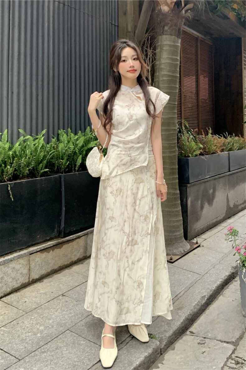 风飞飞袖不规则碎花衬衫+高腰半身裙套装2C276-L3402-P155-K205,女装连衣裙,2C276