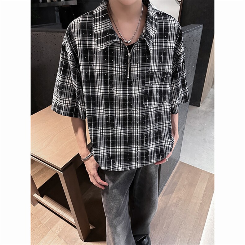 405A美式高阶烫钻格子半拉链设计衬衫短袖T恤T2513-P55控78,男装T恤,星座405A