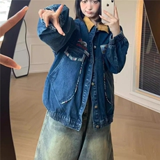 新款美式复古牛仔外套女机车潮牌翻领夹克宽松百搭上衣JK4012，男装工装外套，星座516A