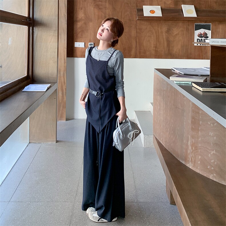 轻熟风韩系长袖打底套装女秋季2025新款收腰吊带垂感阔腿裤三件套,女装套装/套裙,2C219