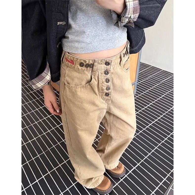 高街美式设计感字母纽扣水洗直筒牛仔裤女宽松慵懒风阔腿牛仔裤子,男装牛仔裤,星座506A