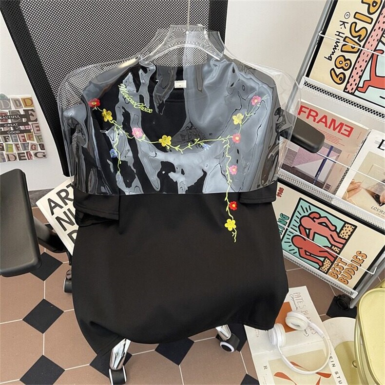 Q415-P38美式高街花卉刺绣设计感短袖男女潮牌宽松情侣T恤,男装T恤,星座911-1