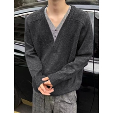 网图老钱风假两件V领针织衫男冬季复古拼接套头毛衣-A2371P58，男装针织衫/毛衣，电商B241