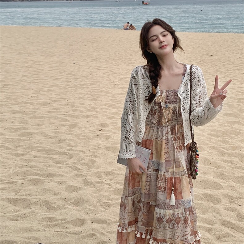 多巴胺穿搭开衫配碎花吊带连衣裙女夏超火松弛感绝美度假长裙套装,女装套装/套裙,2C299