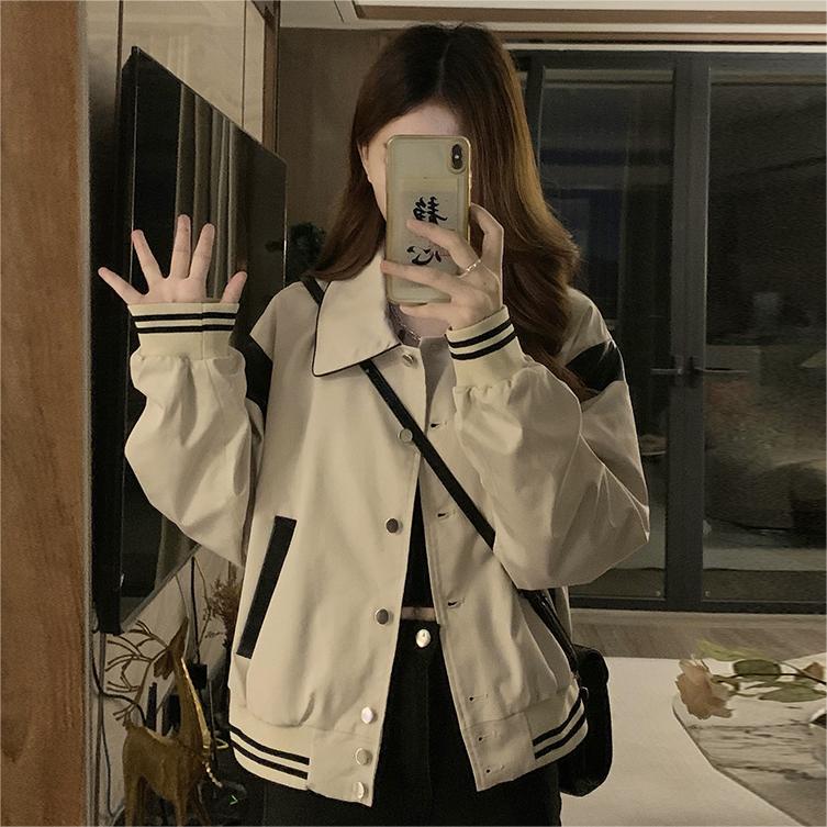美式复古撞色拼接外套女宽松短款棒球服休闲夹克C378-80图片