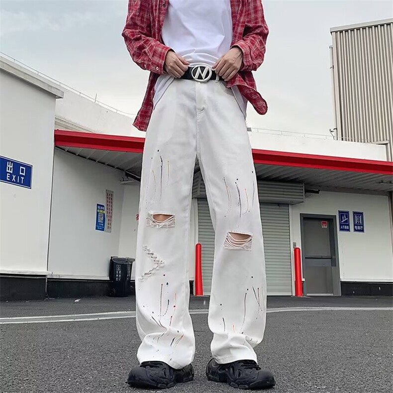 潮流美式泼墨直筒弯刀裤男士夏季款宽松复古休闲裤潮牌宽松直筒裤图片