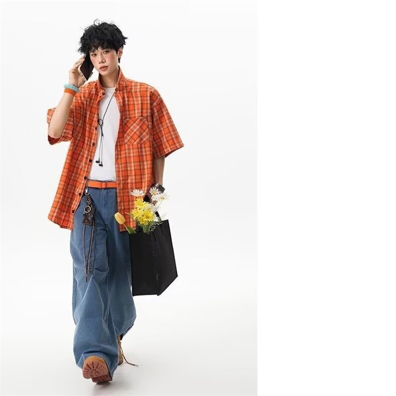夏日多巴胺橙色格纹短袖衬衫女潮牌复古街头宽松百搭衬衣,男装T恤,星座302B