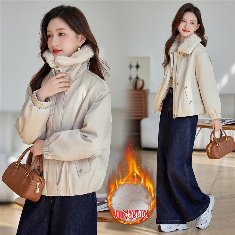 现货。2025冬新款休闲派克服加绒加厚外套女显瘦保暖棉衣短款，女装棉衣/棉服，依万里