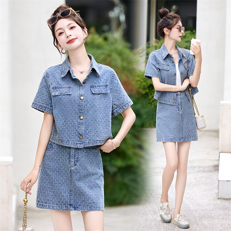 温柔系穿搭时尚薄款提花牛仔套装裙女夏新款显瘦气质小个子两件套，女装套装/套裙，布芭啦