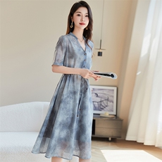 连衣裙女夏2024新款欧货宽松大码抽绳收腰显瘦a字中长款裙子，女装连衣裙，韩蔻秀