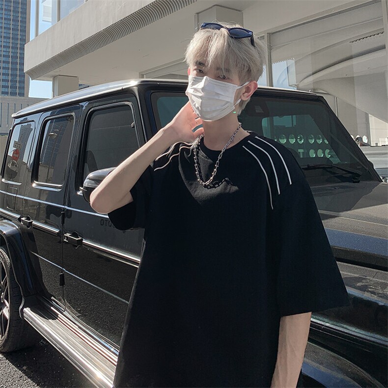 特批P30无差价夏季美式垫肩解构线条设计男休闲大码短袖T恤T5139,男装T恤,电商A001-1