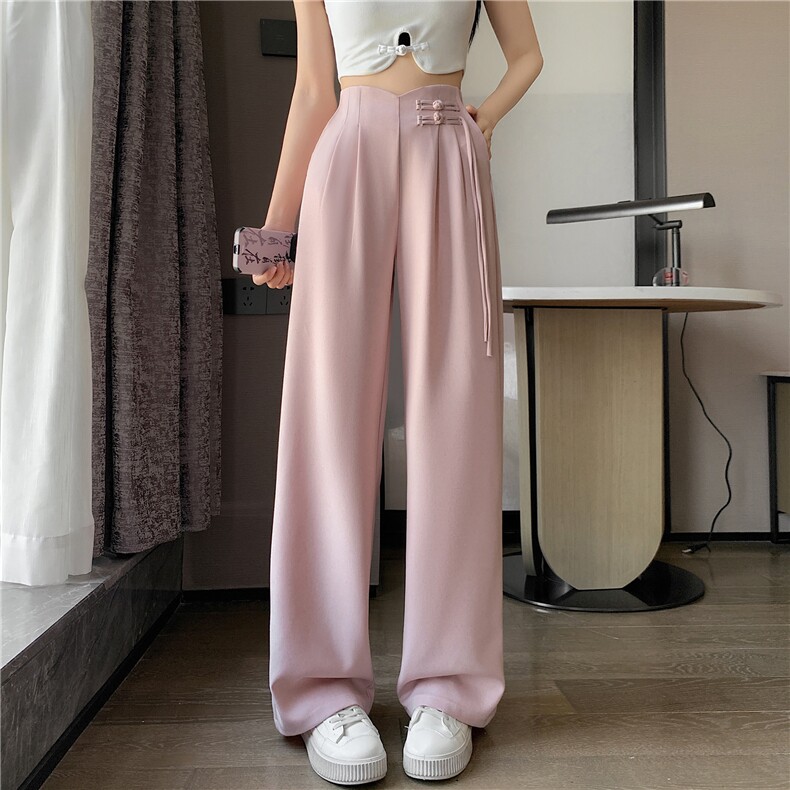 亚麻新中式风盘扣阔腿裤女2024夏季新款高腰垂感窄版阔腿休闲,女装休闲裤,梦白服饰厂