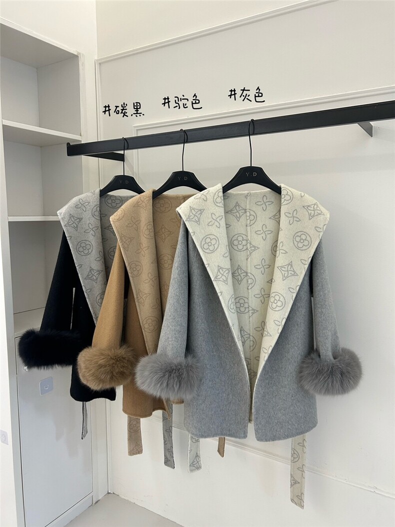 25131-38小个子中长款真袖毛双面羊毛大衣女连帽浴袍系带,女装双面呢大衣,依嘟服饰