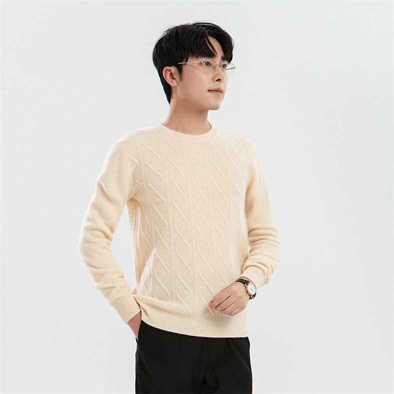 时尚男士羊毛圆领毛衣经典麻花编织温暖舒适男装，男装羊毛衫，牧绒家园