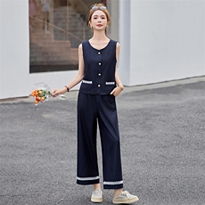 2025夏装新款洋气百搭无袖马甲上衣蕾丝花边直筒阔腿裤牛仔两件套，女装套装/套裙，衣之秀