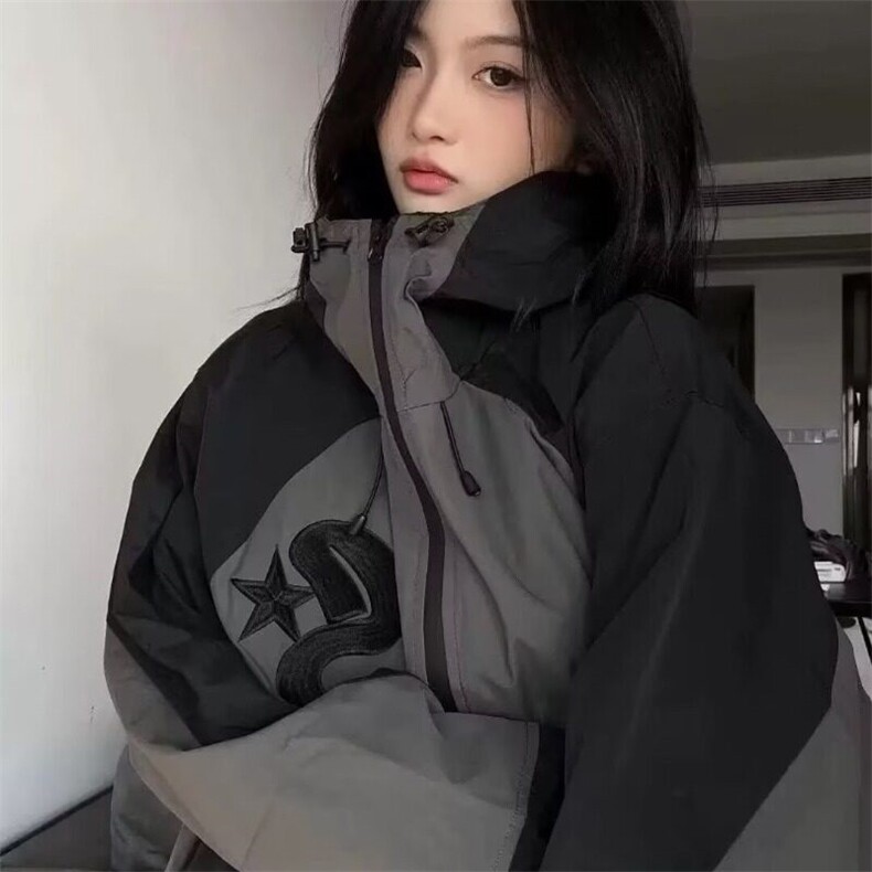 2025时尚美式街头拼接加厚防晒衣服冲锋衣个性宽松户外机能外套女,女装短外套,星座506A