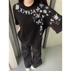 H0914-P35原版裁片印+大小烫金螺纹领+包边拉肩短袖T恤，女装T恤，星座617A-2