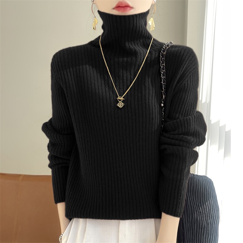 100纯羊毛堆堆领打底衫女2025新款短款秋冬内搭大码女装针织毛衣,女装羊毛衫,昭美羊绒