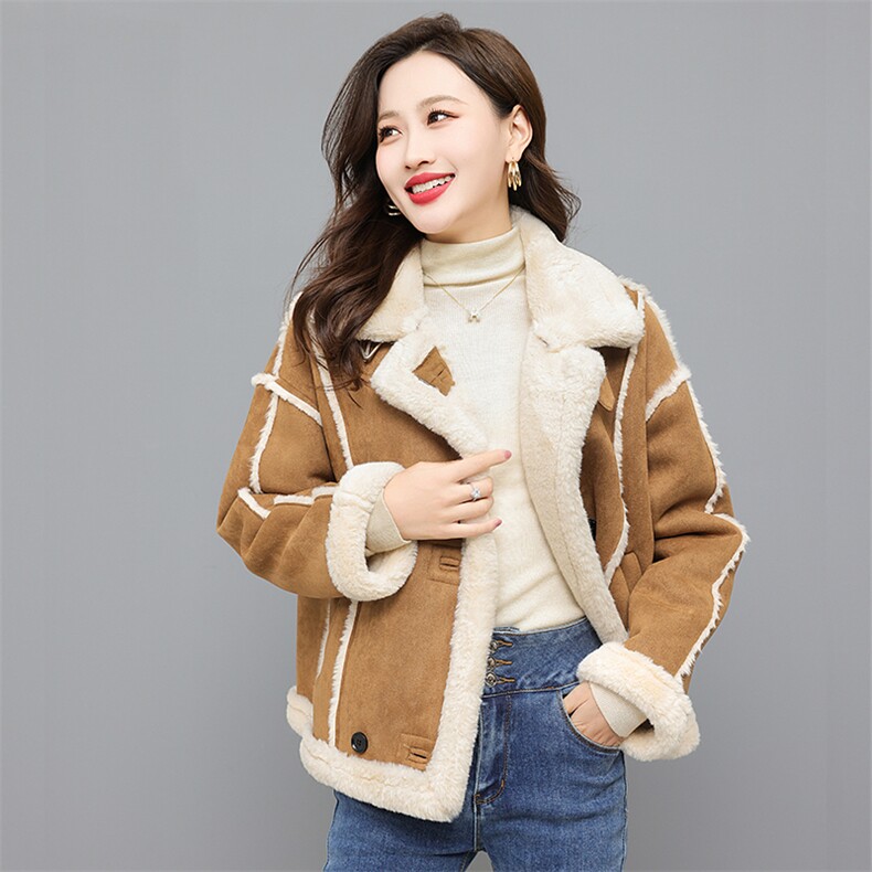 毛内胆外套2023年冬季加绒宽松纯色西装领显瘦实穿外套,女装羊羔毛/颗粒绒,曼沙奕珂