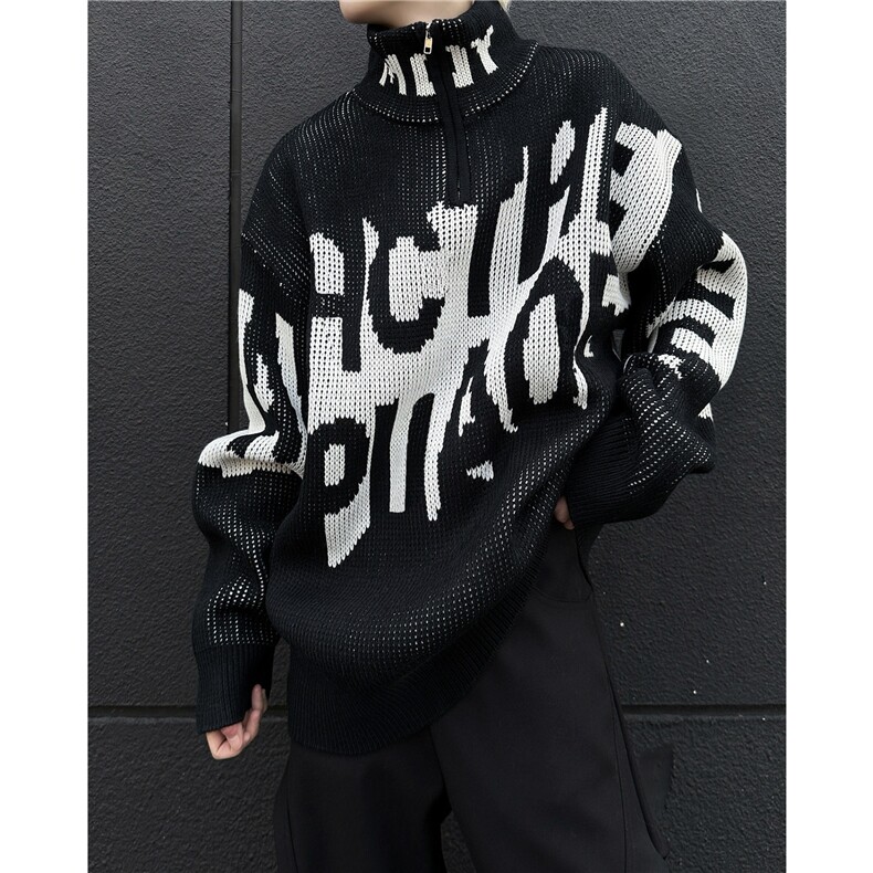 字母半拉链毛衣男女冬2024美式潮流街头休闲宽松针织衫MZ740-P70，男装针织衫/毛衣，星座412-2