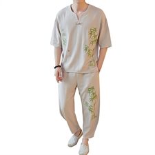 T恤夏季风亚麻短袖套装男士复古唐装男休闲裤两件套TZ96，男装T恤，星座509