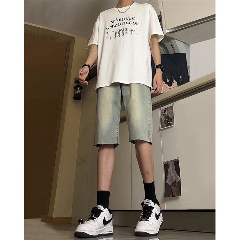 现货 夏季黄泥色牛仔毛边短裤美式宽松五分中裤男 K5811-P35 控58图片