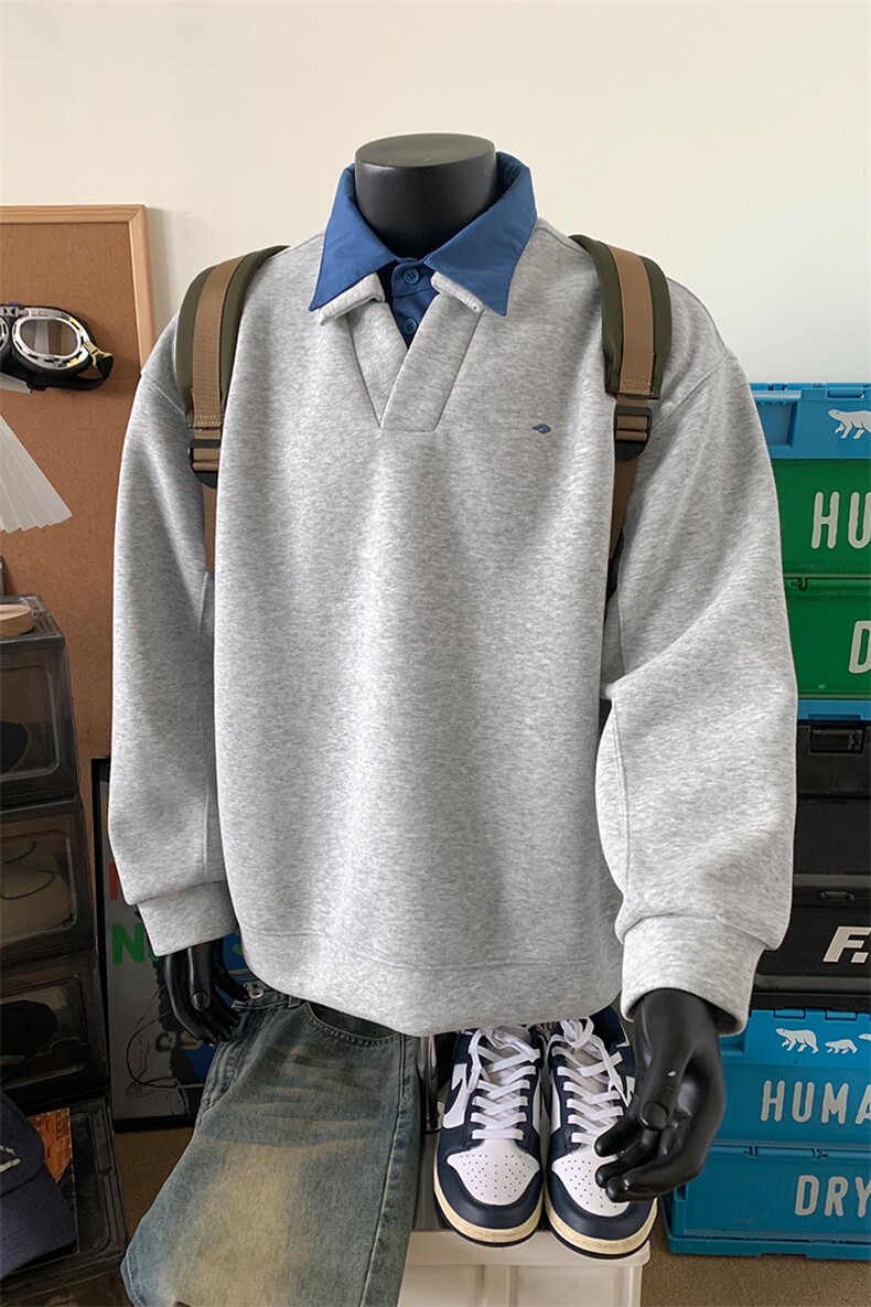 衬衫领日系假两件撞色卫衣男款秋季设计感条纹大码宽松男生上衣,男装卫衣,电商B367