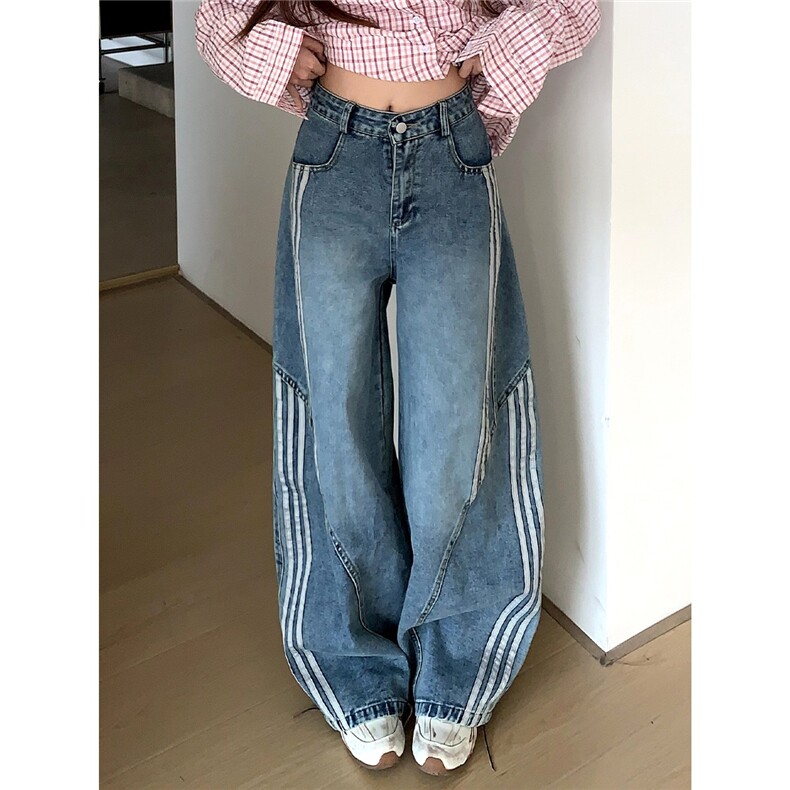 美式复古水洗条纹牛仔裤男女春秋季宽松弯刀阔腿裤NNZ39-P55图片