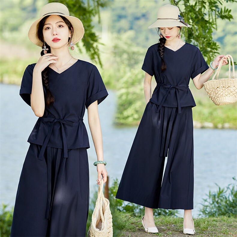 棉麻套装女夏季2025新款高端时尚洋气减龄显瘦亚麻阔腿裙裤两件套，女装套装/套裙，水衣源