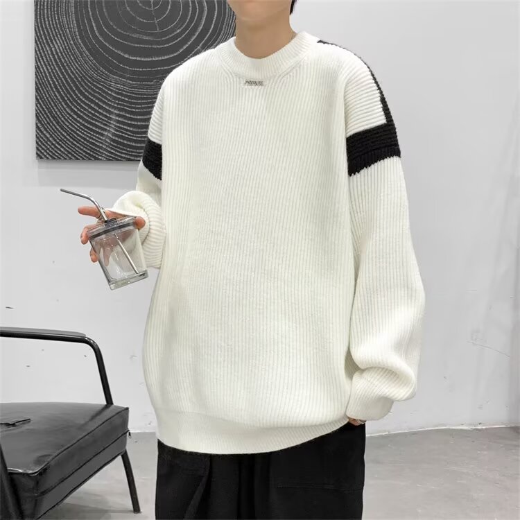 得物品质秋冬款男毛衣字母印花拼色条纹宽松针织衫外套M267P55,男装针织衫/毛衣,星座1013-1