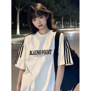 抖音得物高品质二开240克宽松纯棉美式潮牌三条杠织带短袖T恤图片