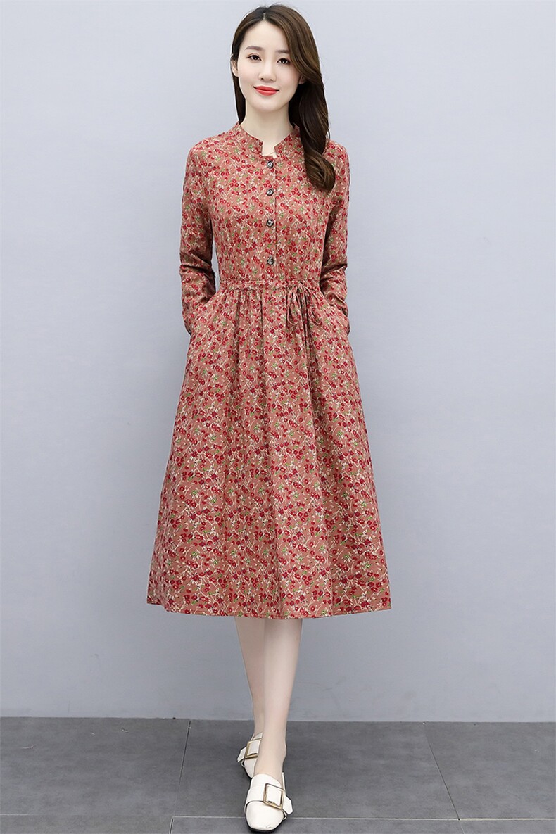 长袖碎花棉麻连衣裙2025年春秋装新款女装气质春季裙子,女装连衣裙,欣贝拉