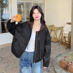 已出货春装新款~连帽皮衣外套女 1楼南36-39吾爱衣-A06-P165-K298图片