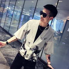 19夏新款时尚个性社会小伙休闲仙鹤条纹日系和服短袖衬衫，男装衬衫，星座406