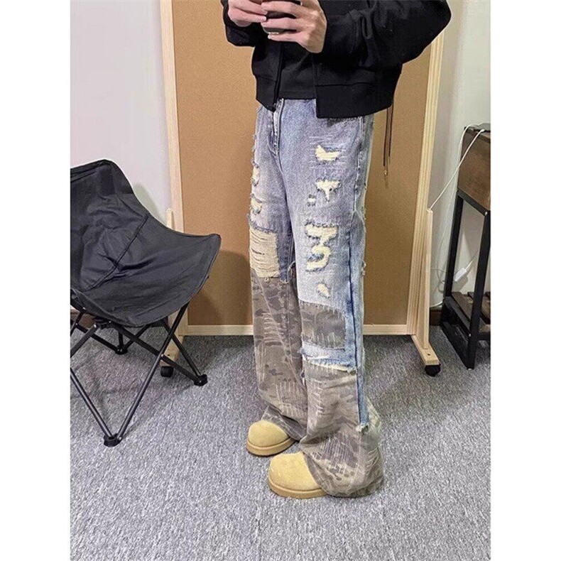迷彩半拼接牛仔裤痞帅重工破洞做旧男女阔腿牛仔裤,男装牛仔裤,星座410-7