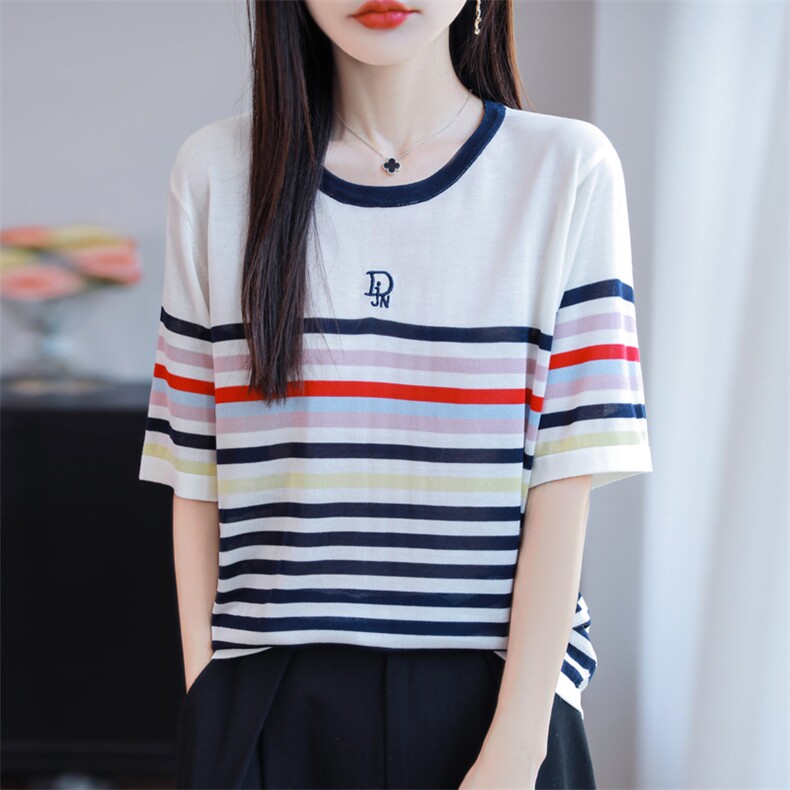夏季新款女士简约时尚舒适圆领白色条纹短袖，女装T恤，源达羊绒