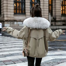 棉衣/棉服2021新款冬仿羊羔毛中长款工装棉服女海军领派克服配毛领，女装派克服，瑶迪依秀