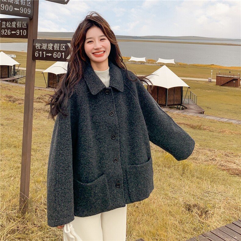 韩系简约宽松羊毛呢子大衣女秋冬气质短款翻领小个子休闲毛呢外套,女装毛呢外套,2C166