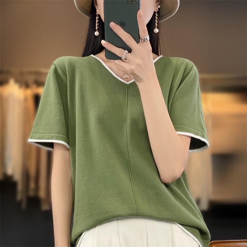 100%纯棉短袖t恤女2024春夏新款v领韩版宽松拼色百搭短款打底上衣,女装T恤,鹿一羊绒