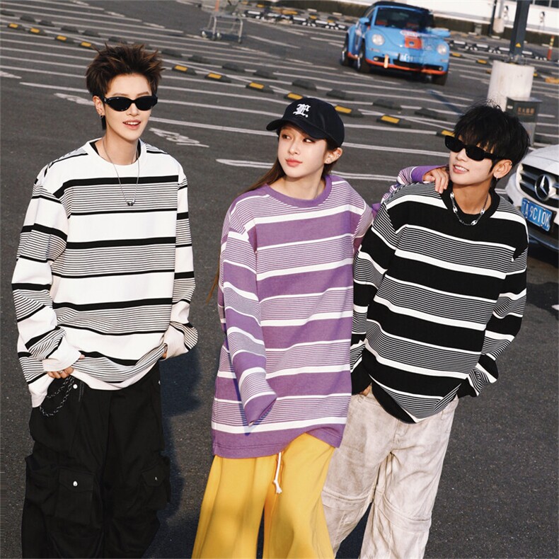 2026春季新款外景多人大码条纹圆领长袖T恤M-5XHT25221-特P30，男装T恤，电商A022