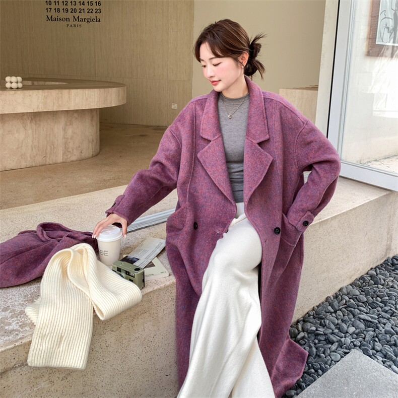 减龄紫色双面呢羊毛西装外套女秋冬2025新款长款巨好看多巴胺大衣,女装毛呢外套,2C095