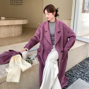减龄紫色双面呢羊毛西装外套女秋冬2025新款长款巨好看多巴胺大衣图片