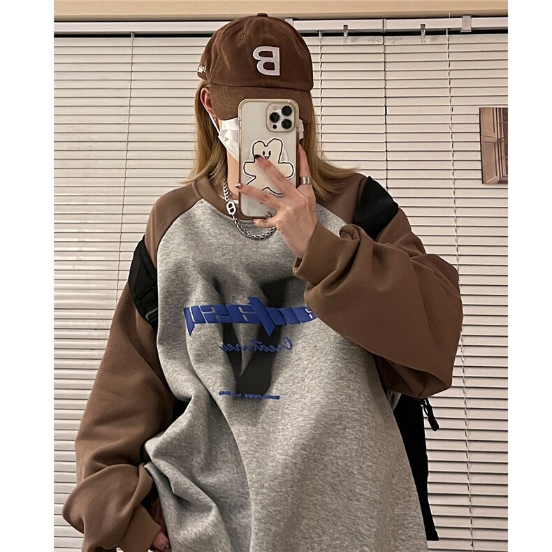中性秋装 360高克重印花拼接长袖卫衣宽松套头外套女 H811 P58图片