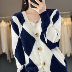气质拼色长袖毛衣女修身显瘦针织时尚百搭羊毛开衫，女装羊毛衫，琳华羊绒