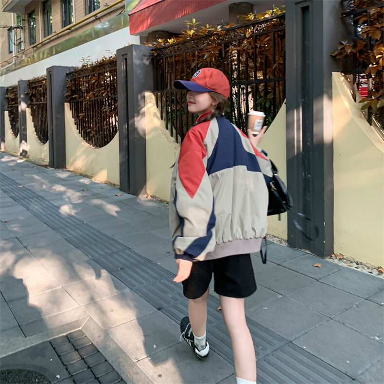 美式拼色棒球服外套女秋冬2024新款高级感超好看宽松短款夹克上衣,女装短外套,2C050