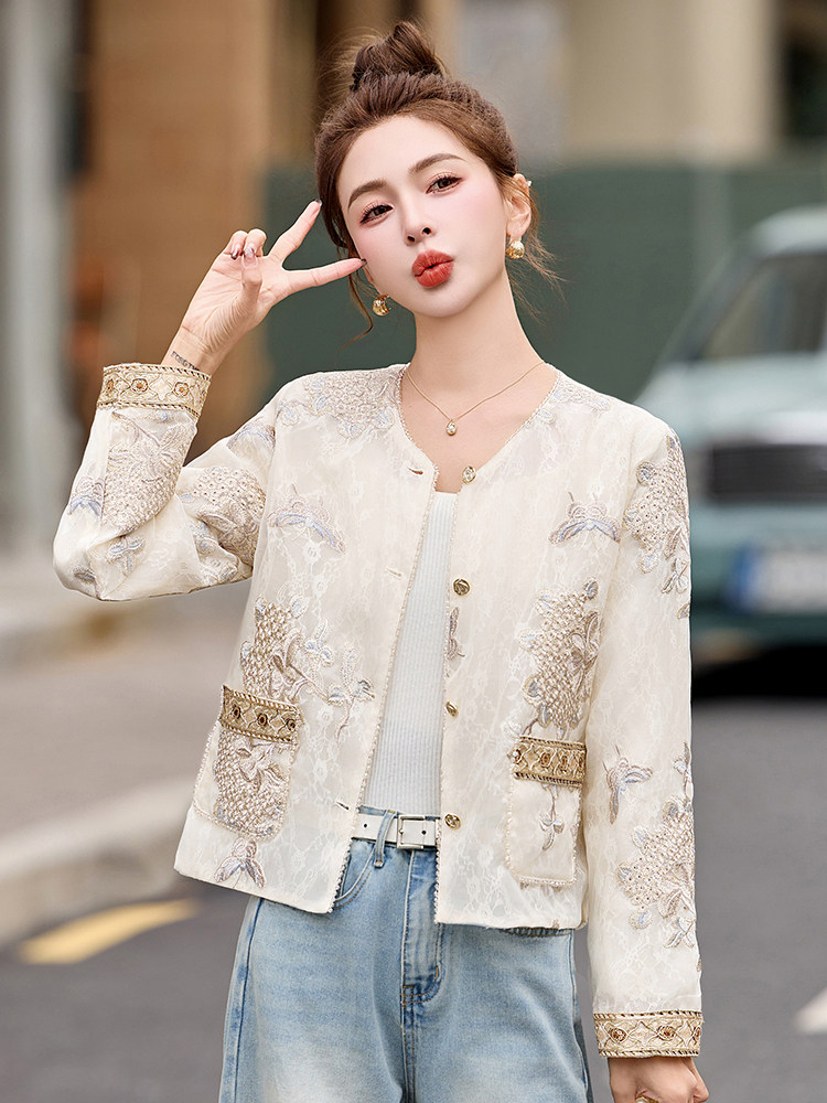 闺舍2025春季新款女装新中式国风缎面外套高级感禅意圆领印花上衣,女装防晒衣,妙形