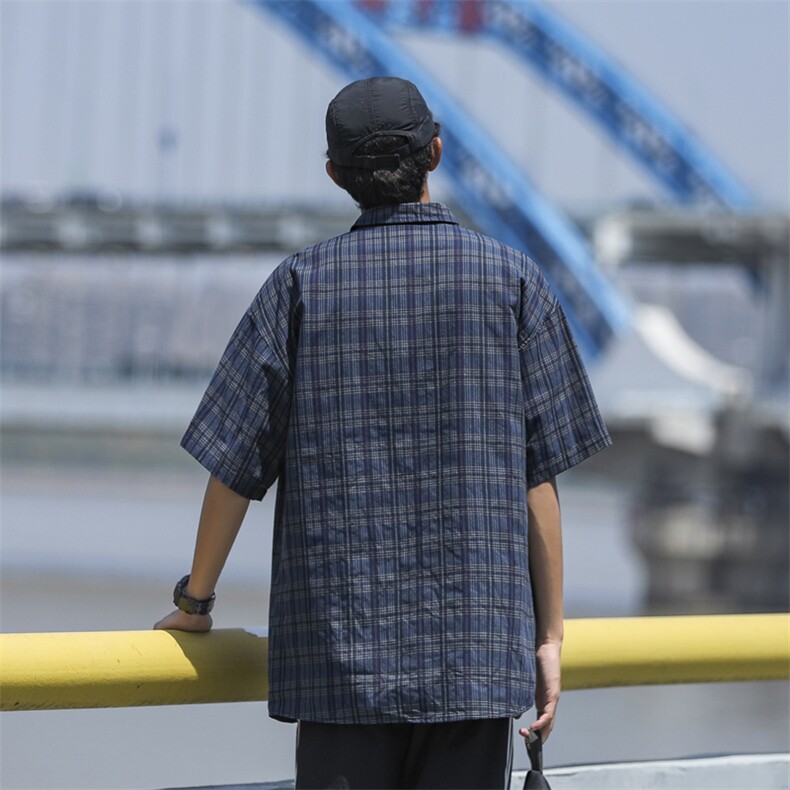 格子短袖衬衫男士夏季日系复古高街潮牌半袖衬衣宽松休闲痞帅外套,男装衬衫,星座410-6（原星座1304-1）