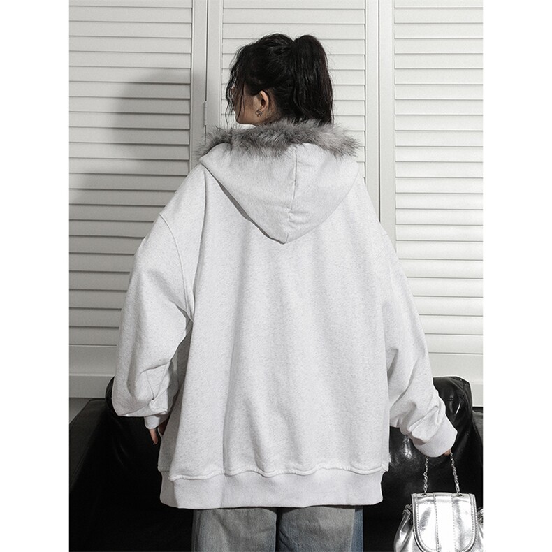美式复古毛领情侣连帽拉链开衫卫衣秋冬女潮高级感外套D367P88,女装短外套,电商A335-1（原A458）